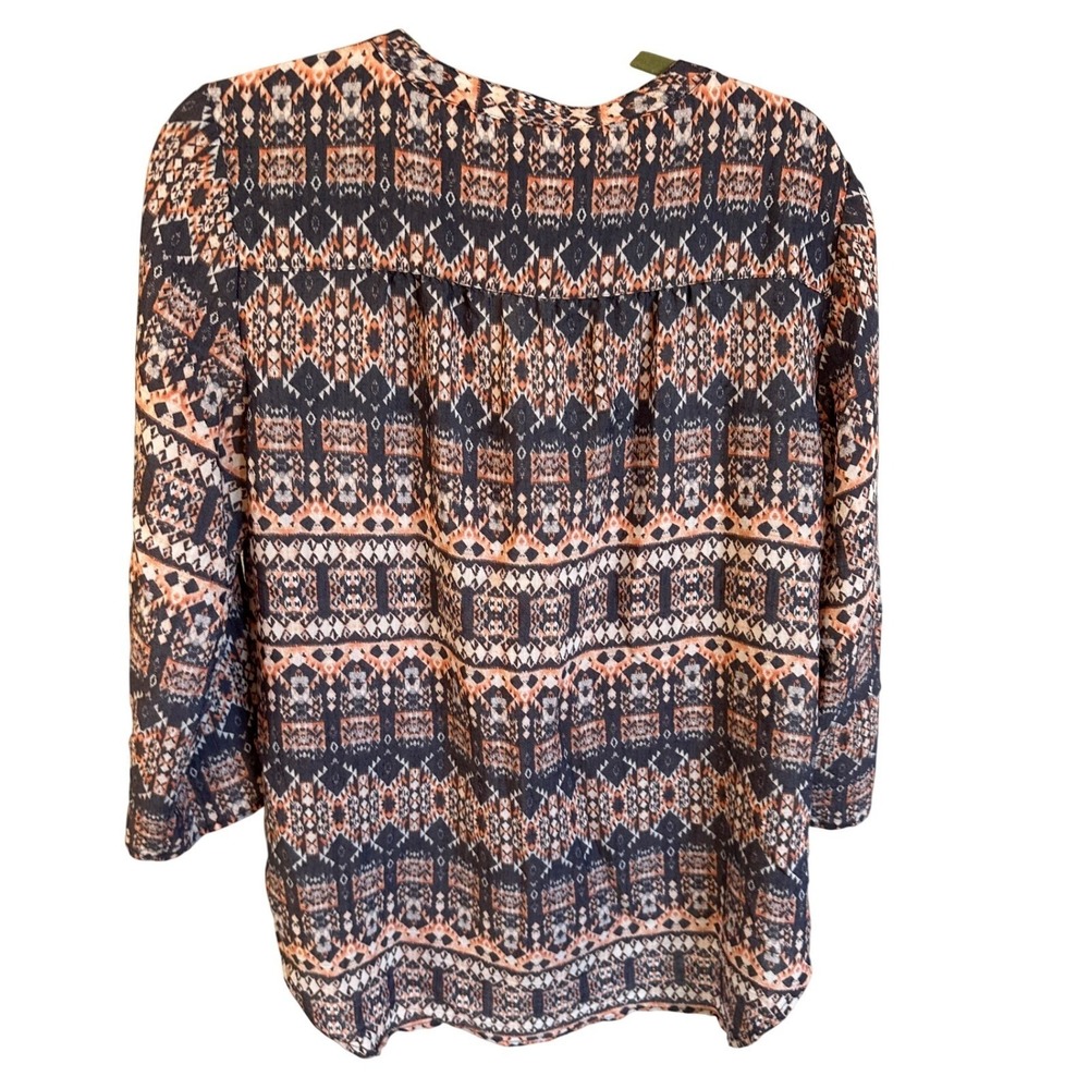 Kim Rogers Womens Large Navy Orange Geometric Tribal Print Henley Blouse Top - Picture 2 of 5